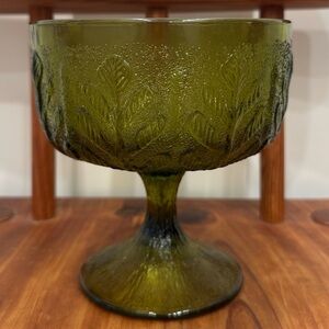 Vintage FTD Green Embossed Leaf Glass Footed Bowl Dish Compote Candy Dish